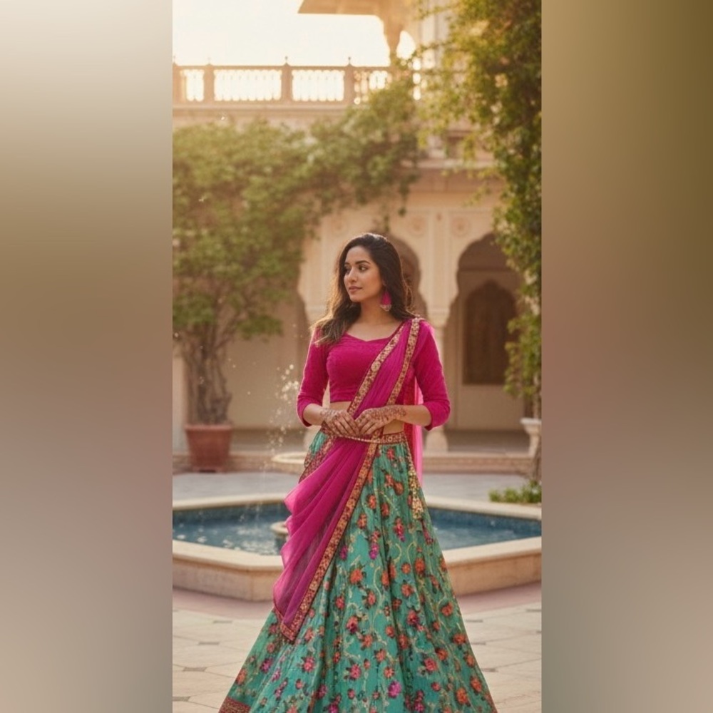 Elegant Pink and Green Floral Women's Lehenga with dupatta